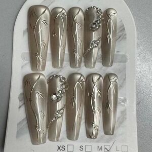 Press On Nails Bamboo Design Rhinestone Accent‎ Long Coffin Fake Nails